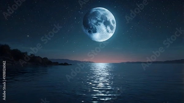 Fototapeta view of the full moon over the sea, with the reflection of the moonlight on the water. generative ai