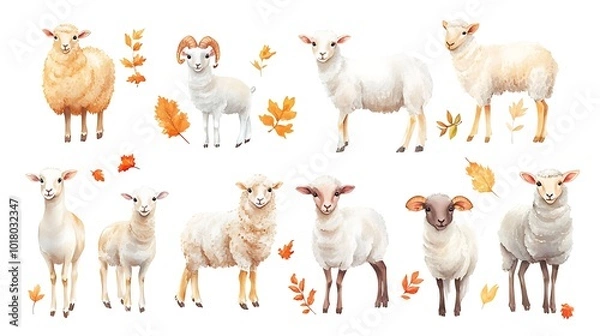 Fototapeta Adorable Watercolor Sheep Surrounded by Colorful Autumn Leaves