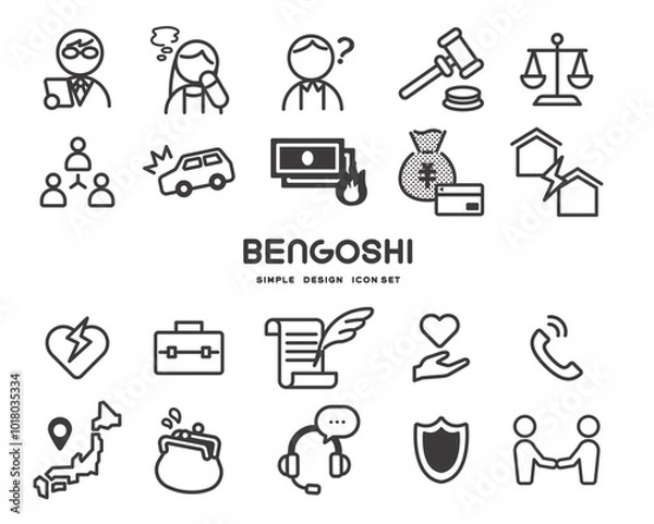 Obraz 様々なトラブルや弁護士に関するアイコンセット