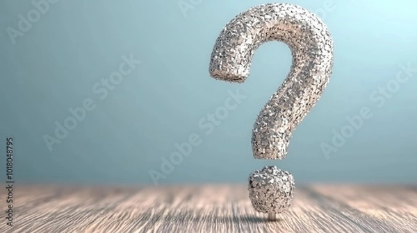 Fototapeta Grey-white stone question mark standing on a wooden table, rendered in 3D with a vibrant blue background.