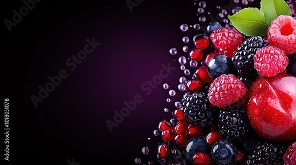 Fototapeta  a mix of purple raspberries and red blackberries on a dark purple background with water droplets and a green leaf