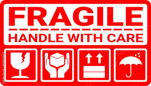 Fototapeta sticker fragile handle with care, red fragile warning label with broken glass symbol, this side up sign, keep dry and avoid liquid sign.