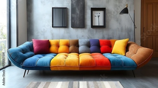 Fototapeta A colorful patchwork sofa with pillows in a modern living room.