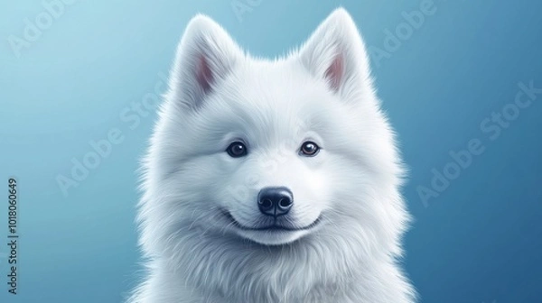 Obraz A cheerful white Samoyed dog against a soft blue background in a serene indoor setting