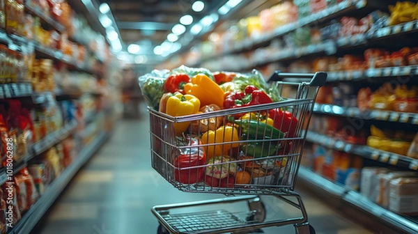 Fototapeta Shopping cart filled with fresh vegetables in a grocery aisle.
