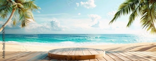 Obraz Wide Table top wooden bar on blurred beautiful beach scene background coconut leaf. Breakfast product display mockup outside vacation summer day time. Resort wood desk board on nature sea sand view.