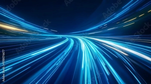 Fototapeta Luminous blue lines speed. Neon color glowing lines background, high-speed light trails effect. Futuristic dynamic motion technology.