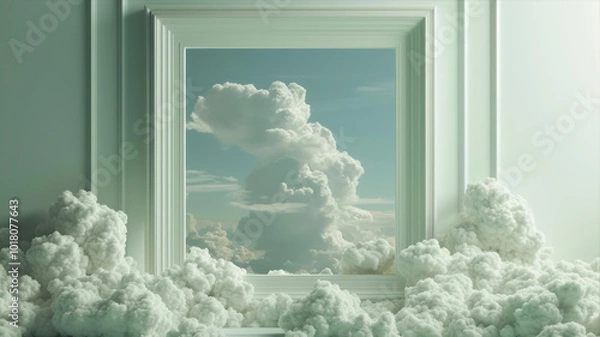 Fototapeta A surreal liminal space featuring an empty frame surrounded by fluffy clouds and soft light creating an ethereal atmosphere