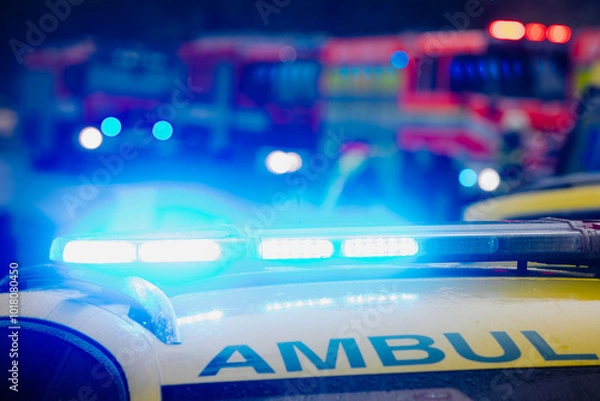 Obraz Close-up of flasher on roof of ambulance car of emergency medical service on road against fire engines. Themes rescue, accidents and disasters..