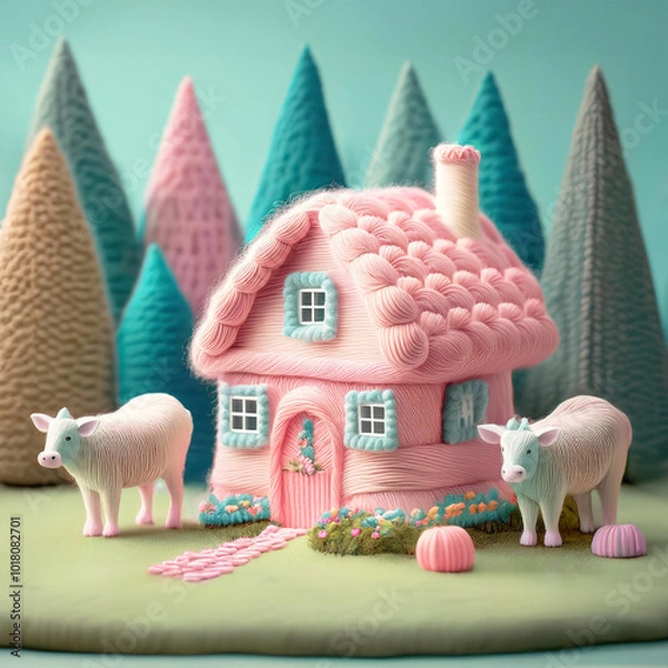 Obraz 毛糸で編んだ家（うし・花）