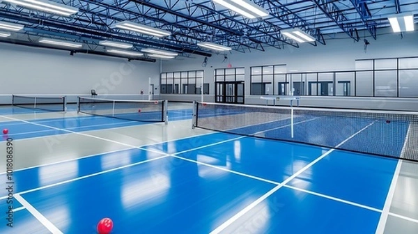 Fototapeta A high-tech indoor pickleball court with bright LED lighting and polished floors emphasizing the modern and professional setup