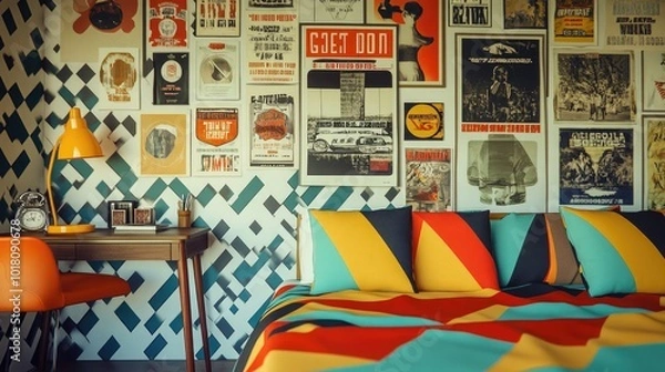 Fototapeta A colorful 70s dorm room with bold geometric bedsheets