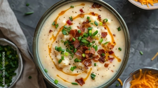 Fototapeta Hearty Potato Soup Garnished with Bacon, Cheddar, and Chives. Instant Pot Baked Potato Soup