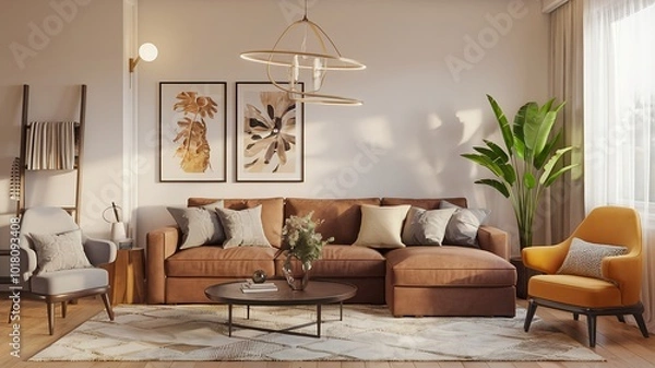 Fototapeta Modern Living Room Design Featuring a Welcoming Fireplace