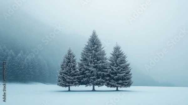 Fototapeta Three pine trees standing on snow covered field in winter