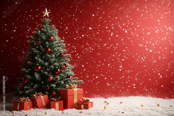 Fototapeta Cheerful Christmas Scene 3D Render of Tree and Gifts on Snowy Red Background