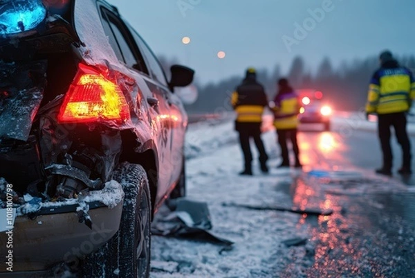 Fototapeta A damaged car on a snowy road with emergency personnel in winter gear providing assistance, highlighted by the contrasting lights of surrounding vehicles.