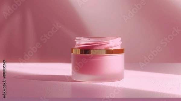 Fototapeta Shot from the side, a luxurious cosmetic jar filled with pastel pink cream, set against a soft pink background.