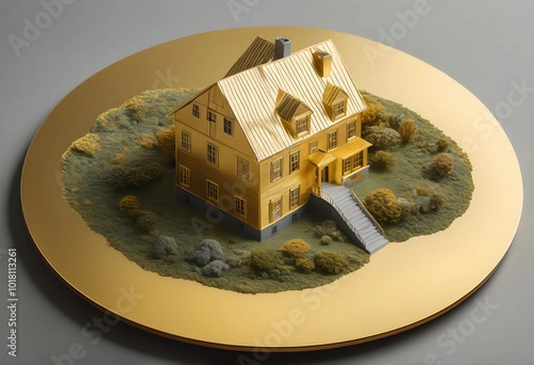 Fototapeta house made of gold, two-story building, generative ai