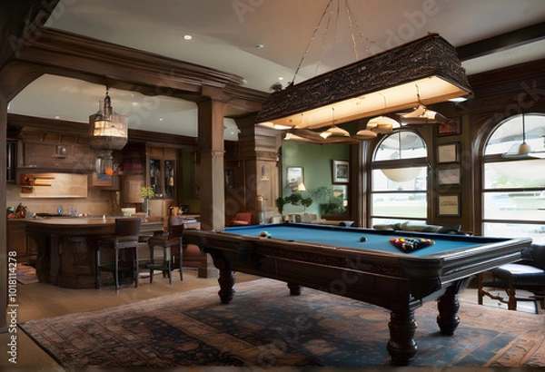 Obraz billiards table, sofa, light, cozy,Generative AI