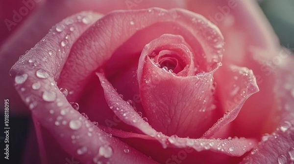 Fototapeta Close-up of a blooming pink rose with delicate petals, morning dew droplets glistening