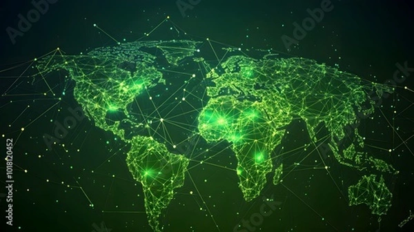 Obraz 
Map of the planet. Global social network. Future. Vector.Green futuristic background with planet Earth. Internet and technology. Floating Green plexus geometric background.