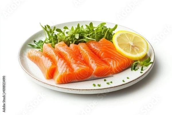 Fototapeta Restaurant Starter Menu with Slightly Salted Salmon Fillet Isolated on White Background. Thin Slices of Red Fish or Trout with Lemon and Greens on Elegant Flat Plate Close Up - generative ai