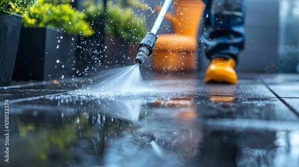 Obraz A Person Using a Pressure Washer to Clean a Patio