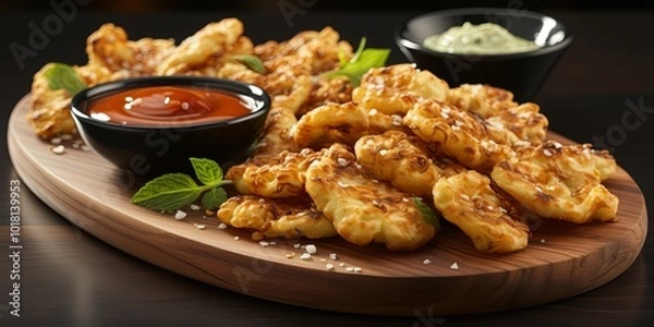 Obraz Crispy Fried Delights with a Side of Savory Sauces and a Sprinkle of Salt