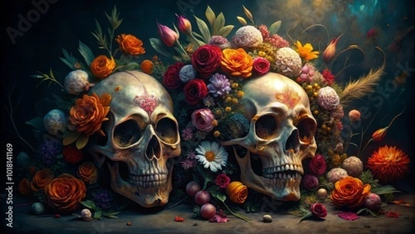Fototapeta Conceptual photography merges vibrant colors with dark floral skulls, creating a mystical aura that captivates the viewer through its intriguing and