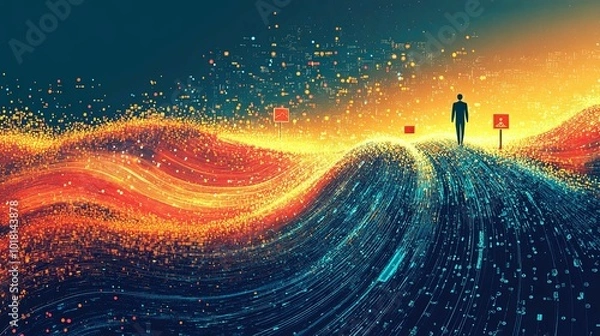 Obraz A lone figure walking on a digital landscape