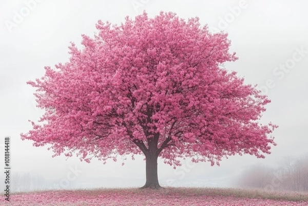 Fototapeta A pink tree, where each branch represents a different aspect of breast cancer support: hope, courage, awareness, and care with generatife ai
