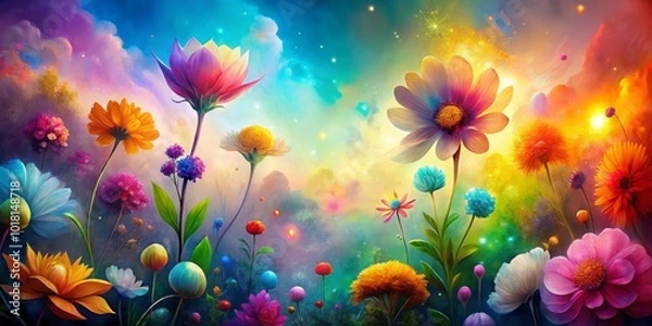 Fototapeta Dreamy landscapes filled with surreal, watercolored flowers unfold in unique art creations, blending vibrant hues and whimsical elements to evoke