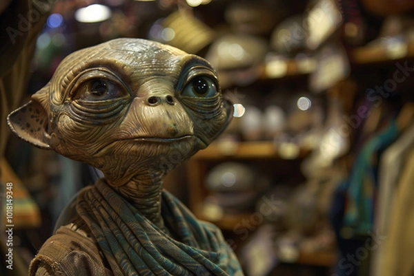Obraz UFO space visitor alien on Earth living human life with everyday routine staff, Generative AI