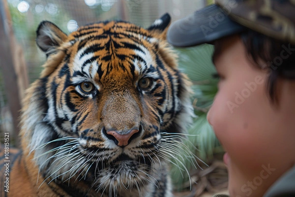 Fototapeta AI generative picture of person photographing with wild animal