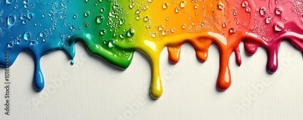 Obraz Colorful paint drips with water droplets on a white background.