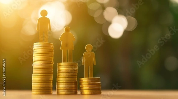 Obraz Conceptual image representing career growth, income inequality, or wealth distribution with wooden figures on coin stacks in a natural lighting background.