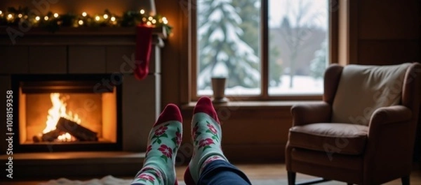 Fototapeta Warm winter setting Fluffy socks by a cozy Christmas-lit fireplace next to a sparkling tree