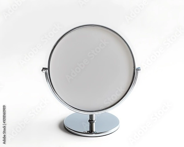 Fototapeta A minimalist round makeup mirror on a chrome stand, white background.