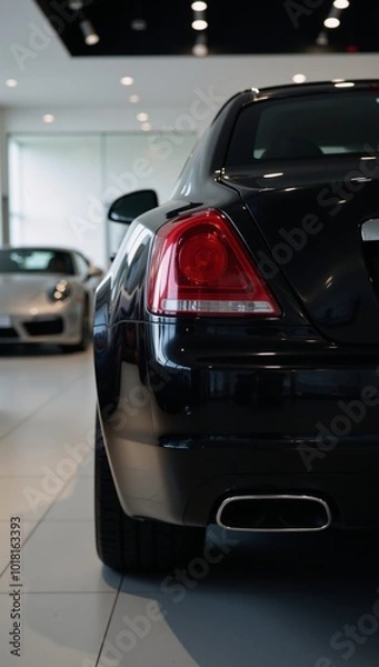 Fototapeta High-end showroom scene featuring closeup of sleek black cars taillight and exhaust surrounded by blurred bokeh background of other luxury vehicles