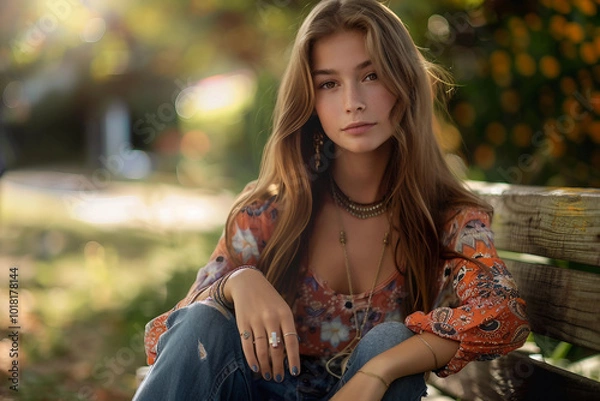 Fototapeta Portrait of a young woman relaxing on a sunny summer day - Generative AI