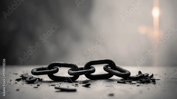 Fototapeta broken chain its rusty links shattered and strewn about yet bound together by a solitary sturdy link that glimmers with a hint of promise