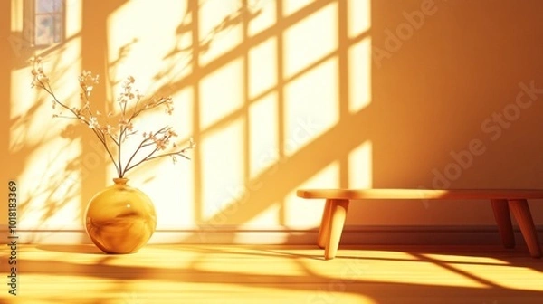 Fototapeta Bright sunlight filters through large windows, illuminating a serene interior featuring a yellow vase with delicate branches and a simple wooden bench against a warm wall