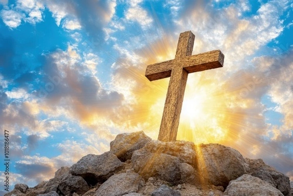 Fototapeta A wooden cross on rocks illuminated by a bright sun against a dramatic sky, symbolizing faith and spirituality.