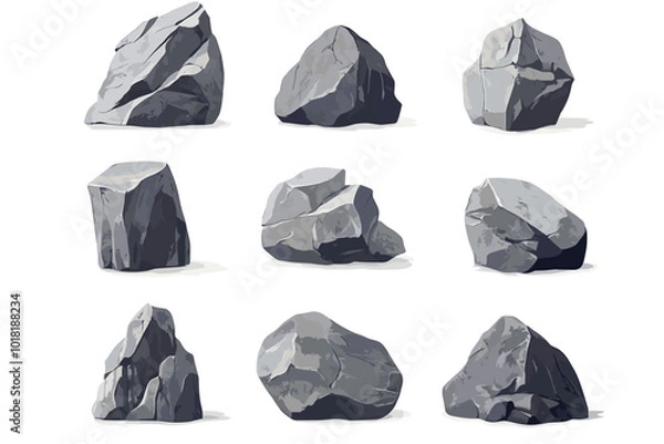 Fototapeta Vector illustration set of rocks gravel stones and boulders Drawings of Pebble piles. Heavy cobblestones and granite rubble