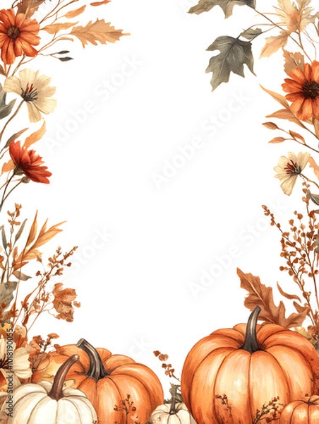 Fototapeta Halloween frame with colorful leaves, Jack o Lantern pumpkins,Rustic style. Template for thanksgiving day and autumn holidays. background with harvest accessories.