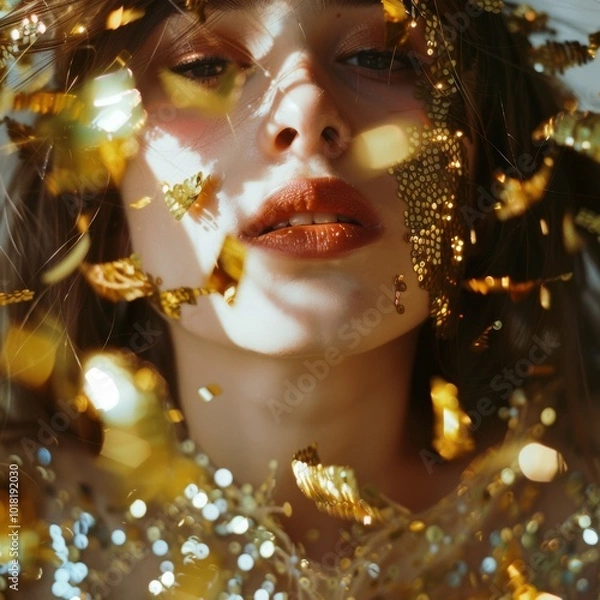 Fototapeta Surrounded by ethereal golden sparkles, a woman's contemplative gaze reveals beauty and mystery, evoking a sense of dreamlike fantasy.