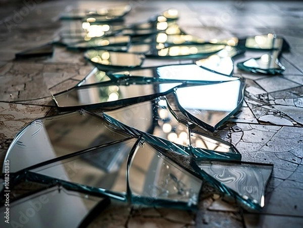 Fototapeta Detailed close-up of broken mirror pieces on the floor, high angle view, bokeh background, natural light, sharp focus.
