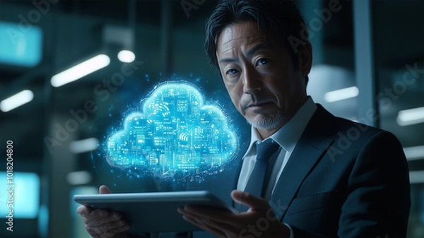 Fototapeta クラウドコンピューティングを操作するビジネスマン