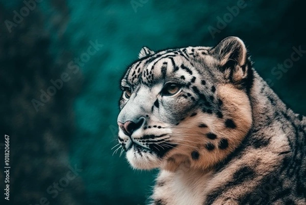 Obraz Snow leopard face closeup with space for text. Textured, retro style processing.